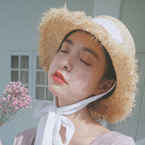 Sanya sun hat big hat brim Lafite straw hat female summer small fresh sunshade sunscreen beach hat Burr strap hat