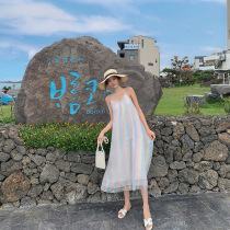 Sanya sling dress summer new super fairy pop skirt loose slim rainbow net gauze holiday dress