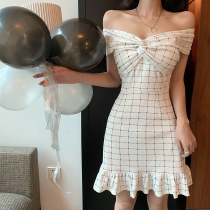 Sanya real shot dress spot shoulder dress summer sexy strapless wrinkled skirt skinny fishtail skirt