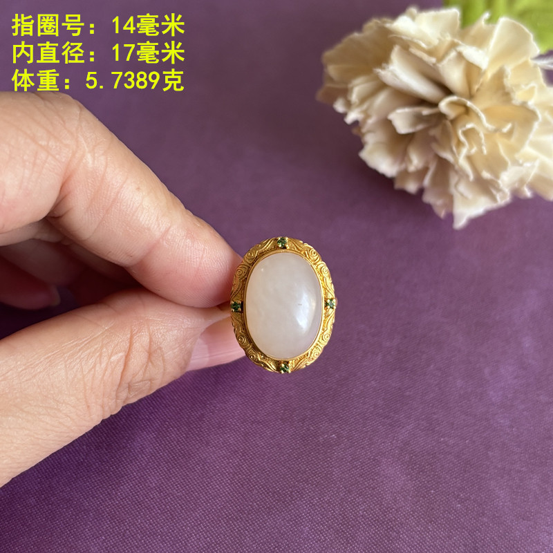 18K gold inlaid mutton fat white jade egg ring