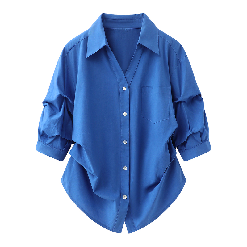 Eiger Age-Reducing, Stylish, Complexion-Enhancing Klein Blue Shirt for Women, Spring Season, Lazy and Loose Fit, Pleated, Slimming, Collared Shirt Eiger Age-Reducing, Stylish, Complexion-Enhancing Klein Blue Shirt for Women, Spring Season, Lazy and Loose Fit, Pleated, Slimming, Collared Shirt