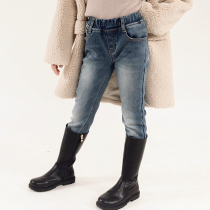 (BBW Tongjia) 2019FW children plus velvet denim trousers straight tube high waist wash jeans 11 11 11