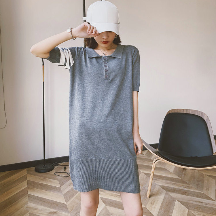 Summer New Style Tb Casual Preppy Mid-Length Dress for Women, Ice Silk Short-Sleeve Polo Collar Knitted Sweater Dress, Plus Size Summer New Style Tb Casual Preppy Mid-Length Dress for Women, Ice Silk Short-Sleeve Polo Collar Knitted Sweater Dress, Plus Size