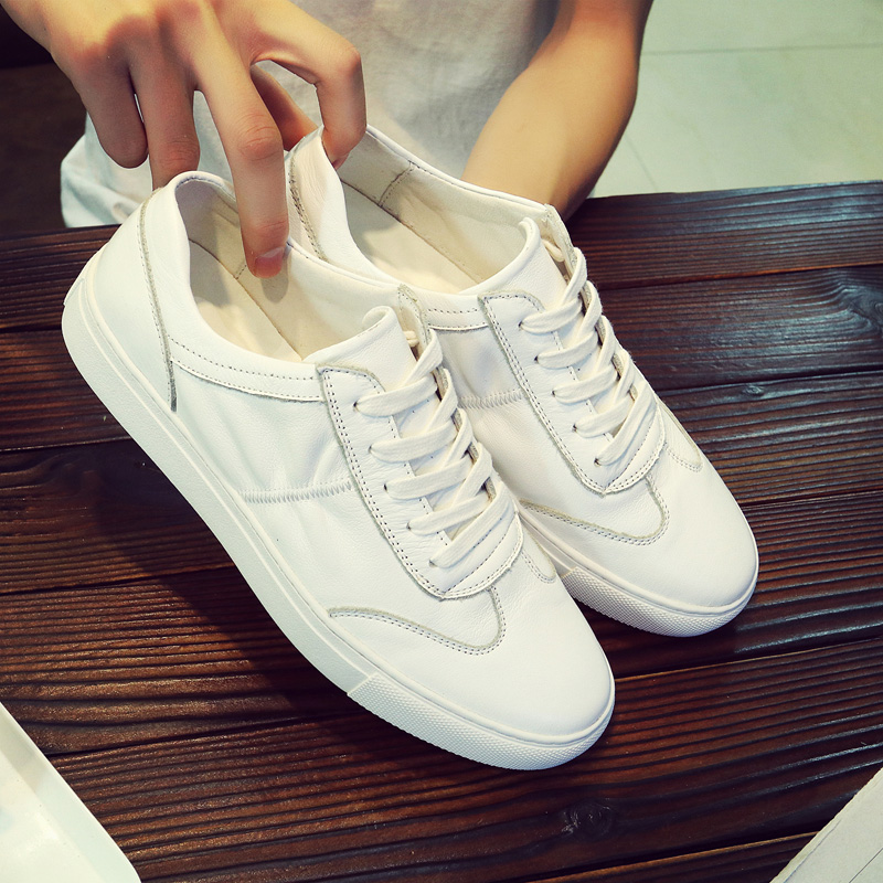 Leather white shoes men's leather flat shoes 2021 summer breathable Korean version all-match basic white casual shoes trend