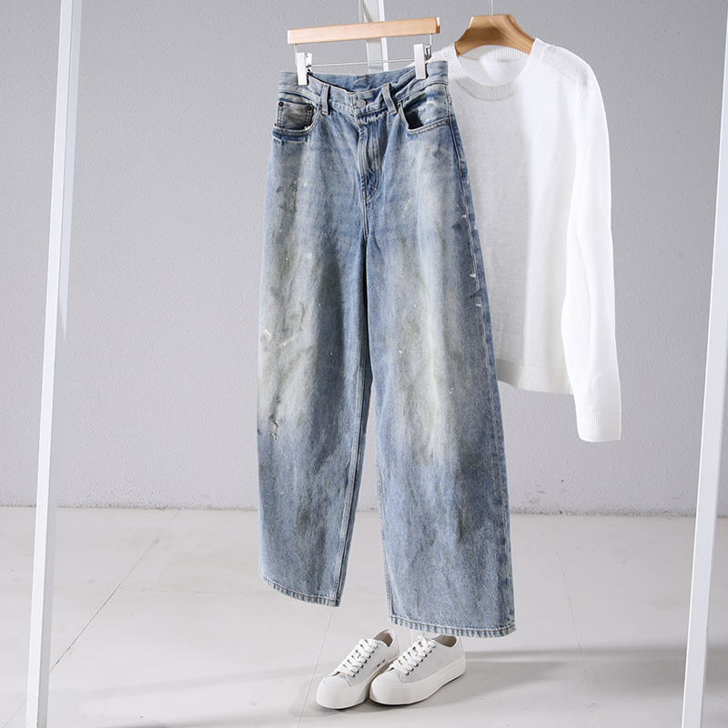 Turkish Pure Cotton, Hand-Painted Distressed Pants, Vintage Washed and Frayed Loose-Fitting Women's Jeans Turkish Pure Cotton, Hand-Painted Distressed Pants, Vintage Washed and Frayed Loose-Fitting Women's Jeans