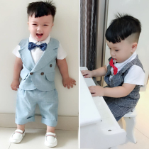 Boys and Boys 100 days clothes College cotton short sleeve plaid shirt pants set bow tie decoration one year old dress