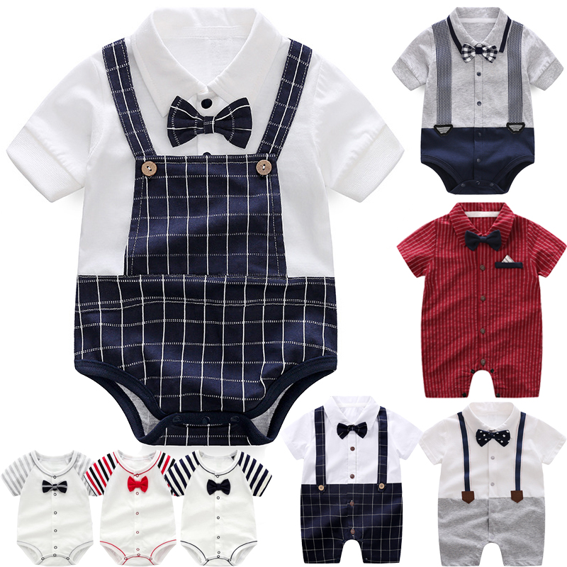 Boys' one-year-old dress pure cotton full moon clothes baby children's summer short-sleeved plaid fake overalls triangle romper