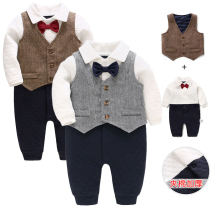 Baby autumn and winter clothes thick jumpsuit gentleman boy baby air cotton cotton long sleeve ha clothes 100 days old dress