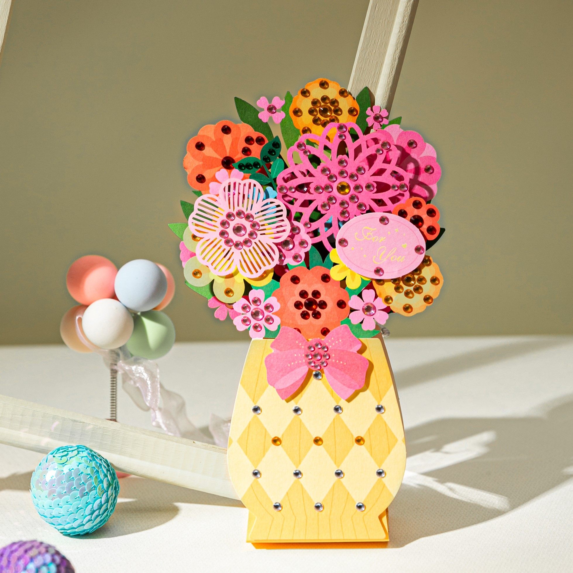 Creative DIY stickable rhinestone three-dimensional decorative vase greeting card Teacher's Day thank you teacher gift universal card