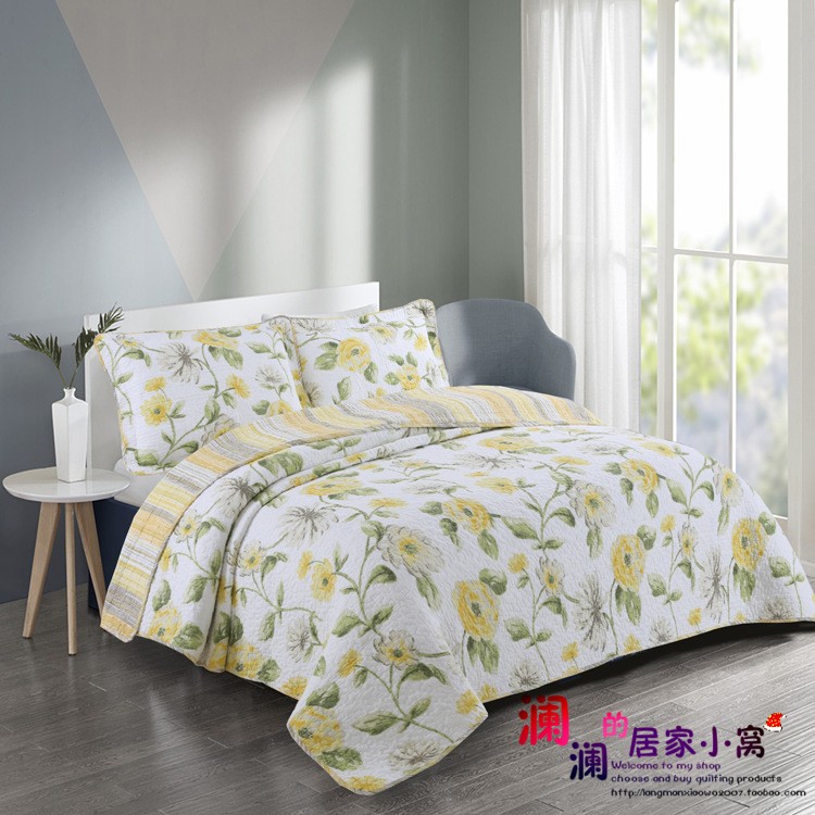 Vàng Rose bông giường bông bìa ba mảnh mùa xuân và mùa thu dày tấm là mền mỏng máy lạnh - Trải giường ga phủ giường