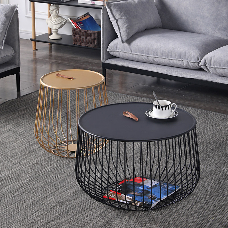 Living room wrought iron pumpkin Japanese coffee table Nordic minimalist modern small round black furniture space saving metal tea table