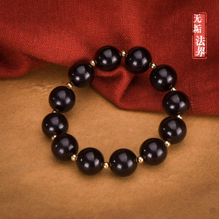 Wen play fine Tibetan natural high density pure black material jade such as porcelain sheep horn beads 16mm round beads hand string hand chain collection