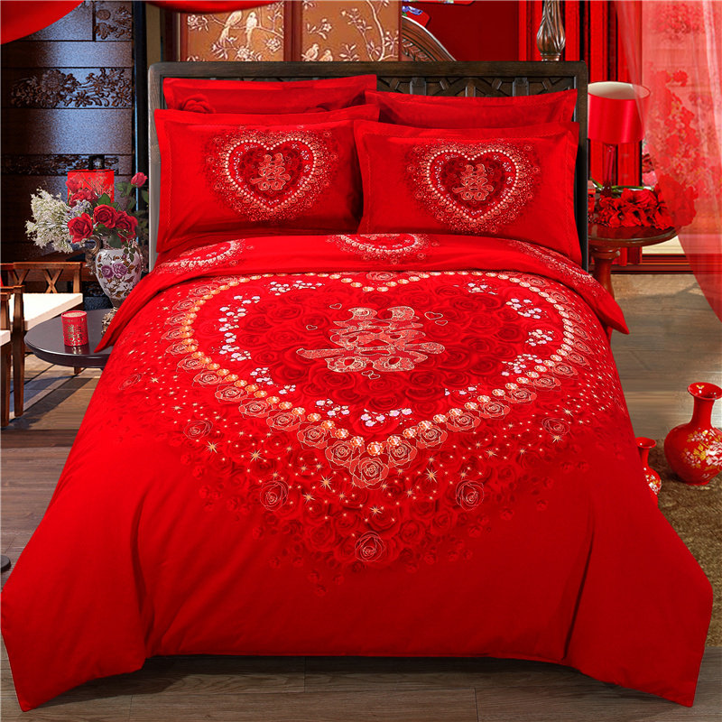 Cotton active sanding four-piece double quilt cover cotton wedding red wedding bedding home textile