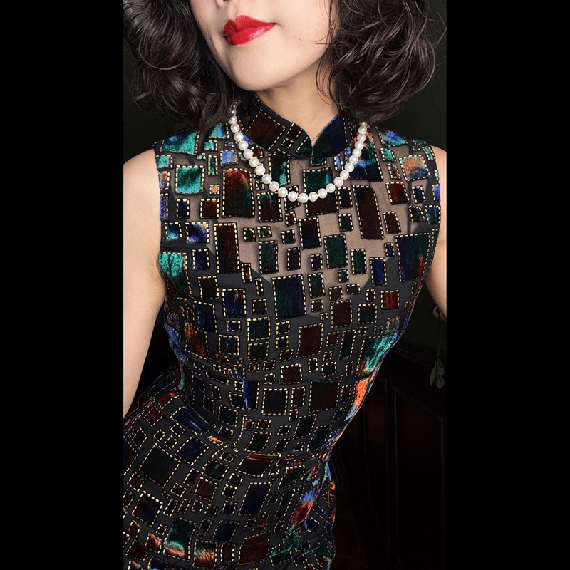 Fire Tree•Silver Flower Top Ulara Original Design Distressed Velvet Long and Short Styles Hong Kong Style Backless Cheongsam