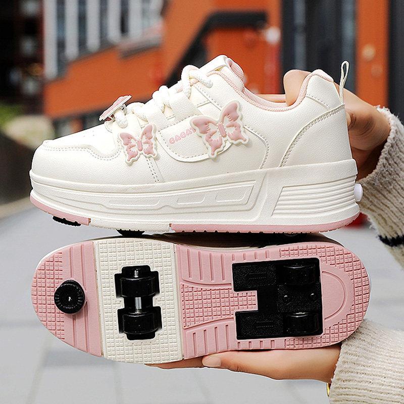 Girls' Spring Four-Wheel Retractable Shoes with Brakes, Children's Shoes with Invisible Flying Wheels, Roller Skates