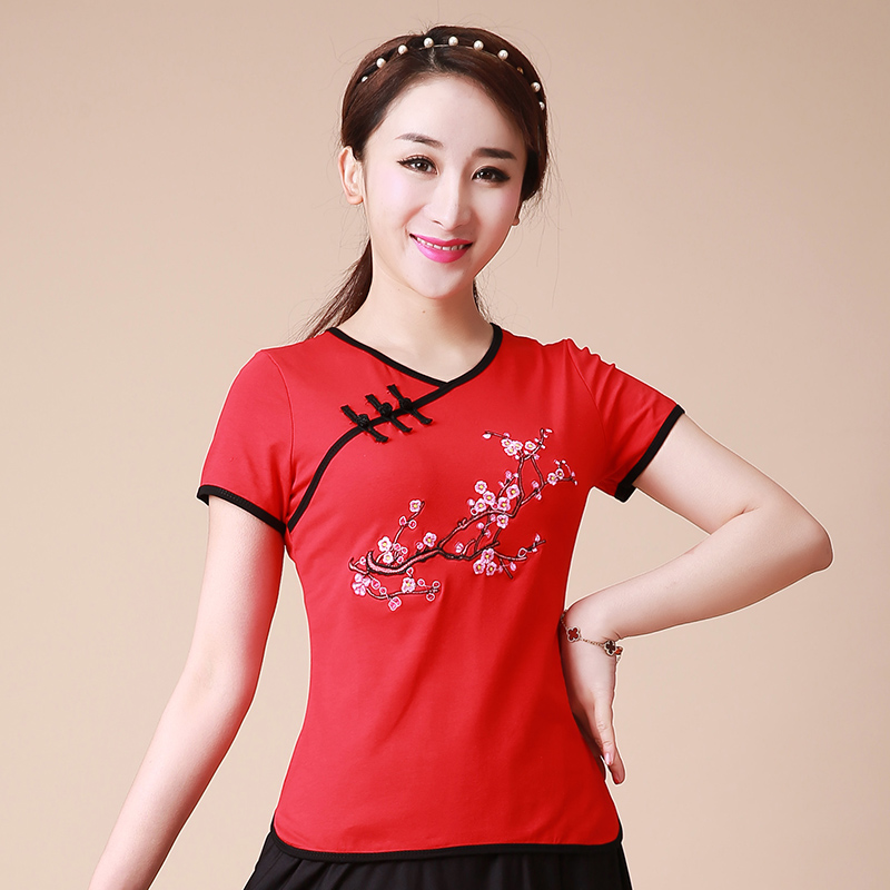 A plum short-sleeved dance suit new square dance clothing Modal embroidery middle-aged dance practice clothes spring and summer