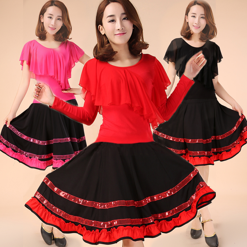 Spring Summer New Square Dance Costumes Long Sleeves Latin Dance Suit Big Swing Dress Suit Women Perform Dancing Practice Clothes