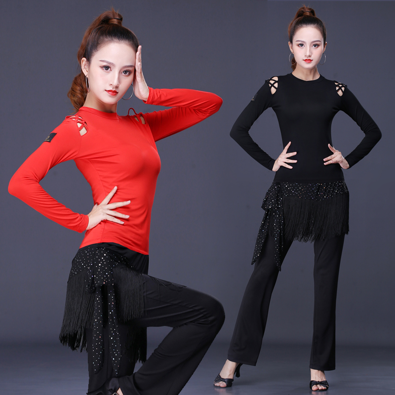 Cross strapless Latin dance clothing new round neck long-sleeved dance clothing women's tassel pants performance training clothing spring and summer