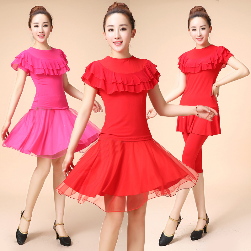 New Spring Summer Latin Dance Suit Woman Short Sleeve Square Dance Dress Round Neckline Lotus Leaf Side Mesh Dress Dancing Practice Suit