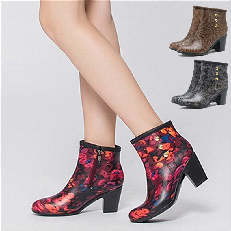 New high-heeled fashion rain boots water shoes women's fashion foreign trade women's medium and short high-heeled rain boots Korean retro rain boots