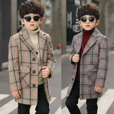 2020 new boys ' tartan coat children's woolen coat middle and large children's winter clothes middle and long version Korean version thickened season