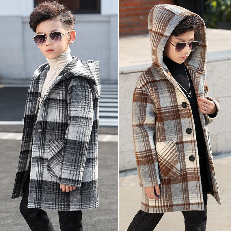 Boys' clothes 2022 - winter new children's rubber grid in the big boy thickened wool coat