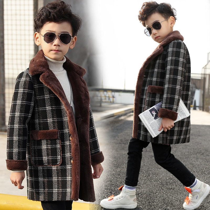 2022 winter new Korean version of the big boy's fur one-piece thick coat boy's woolen coat long version