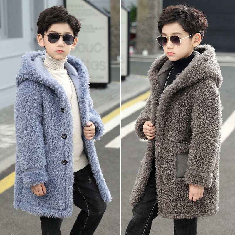 Boys' clothes coat and Han edition of mid - long edition 2022 Fall - winter new fur plus thick coat children