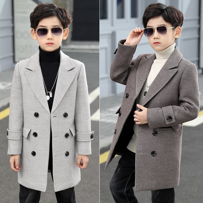 Boys' solid color tweed coat medium long 2021 new autumn winter woolen coat medium and large children's wear thick foreign atmosphere