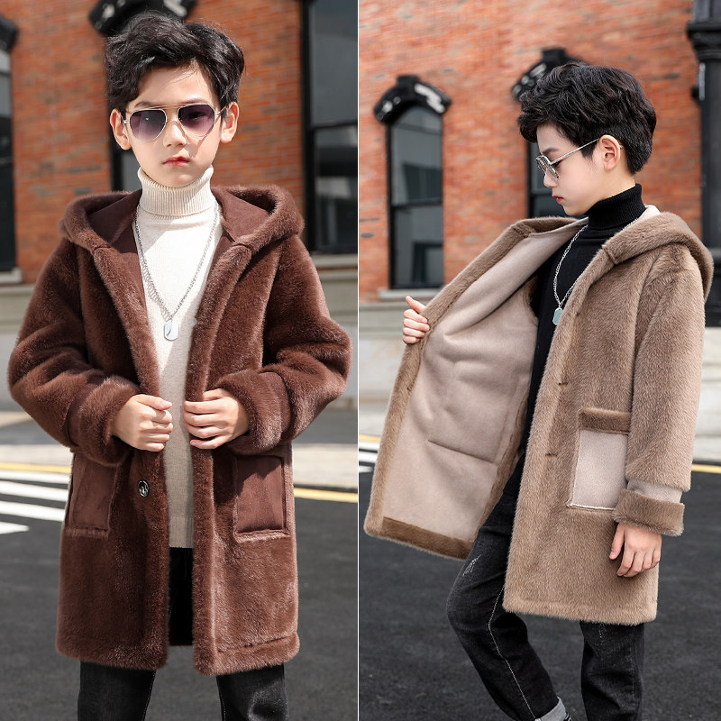 Boys woolen coat 2022 autumn and winter new medium and big children's fur one-piece woolen coat Korean version plus velvet thick tide