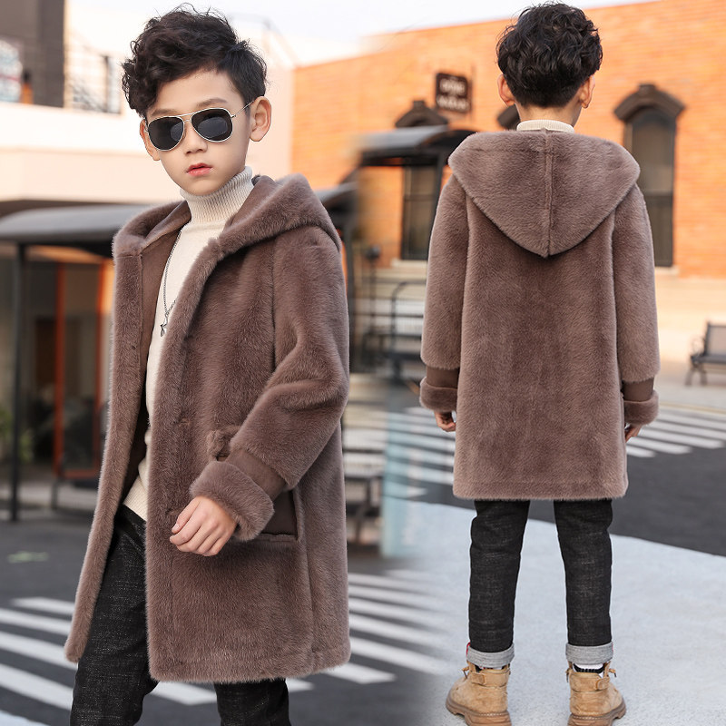 Boys' woolen coat 2022 autumn and winter new middle and big children's fur one woolen coat Korean version plus velvet and thick tide