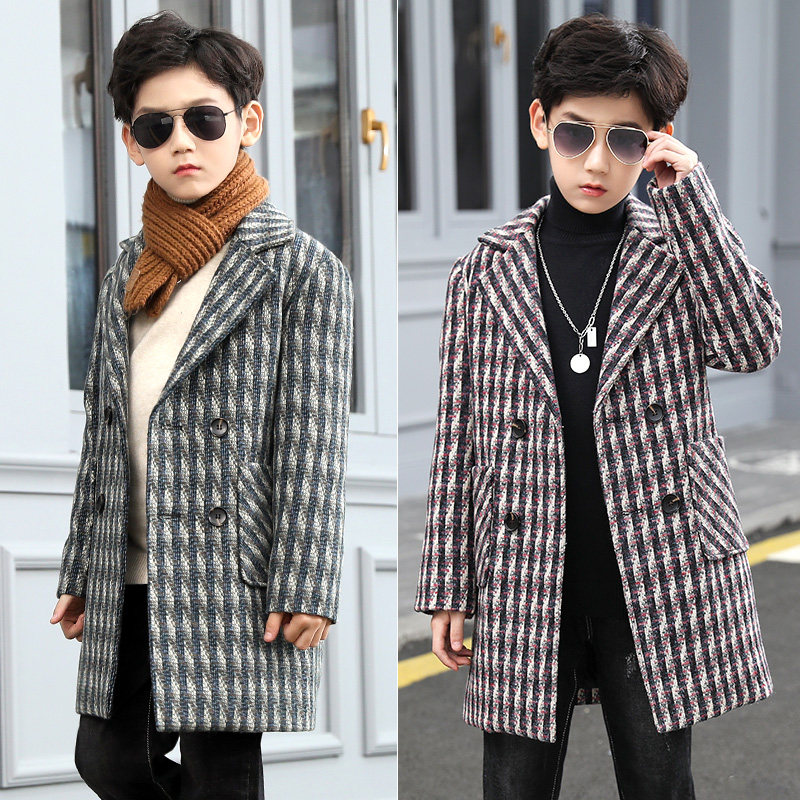 Boys' woolen coat striped mid-length version 2022 new autumn and winter woolen coat medium and large children's clothing Korean version trend