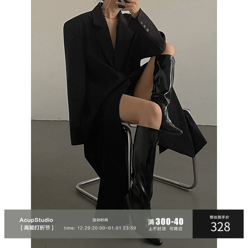 AcupStudio Jiang upper-right Advanced sensation Brief about a grain of buckle Long suit jacket Women's casual loose Western-style clothes-Taobao