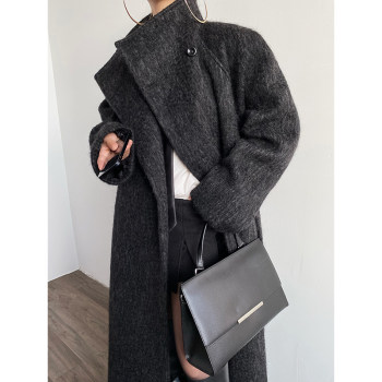 Acupstudio jiang upper right designed collar single button long wool coat women's winter strappy woolen coat