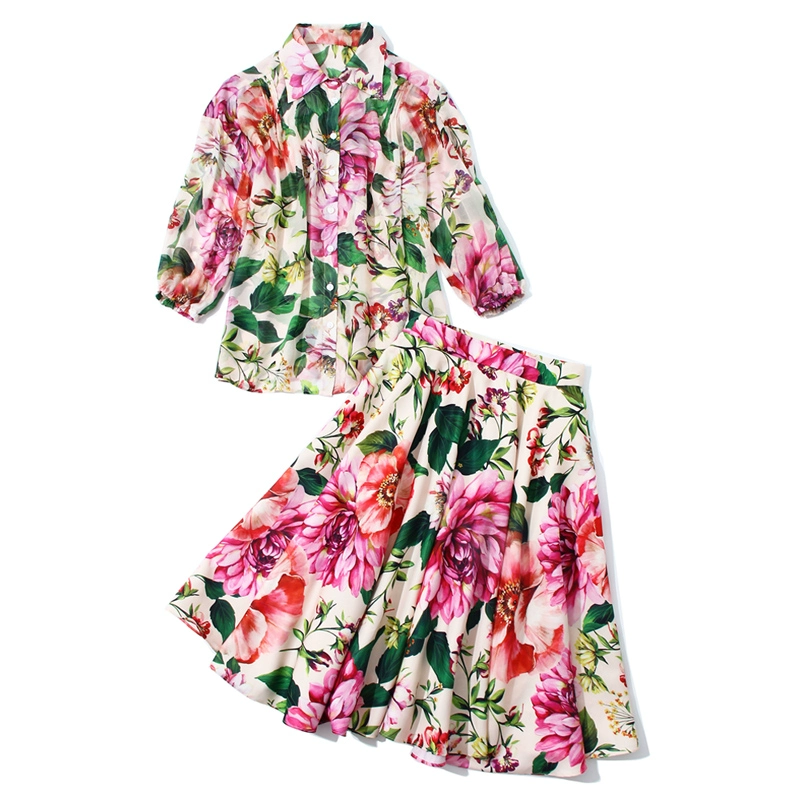 Amoi Châu Âu và Hoa Kỳ lỏng lẻo retro in hoa mẫu đơn dâu tằm áo sơ mi lụa eo cao phồng nửa váy phù hợp với phong cách phương Tây - Váy eo cao