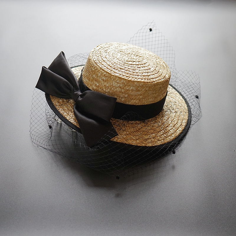 French-Style Straw Hat with Sunshade, Mesh Veil, Bow, British Socialite Retro Dress, Hepburn Small Hat, Headwear for Women, Spring