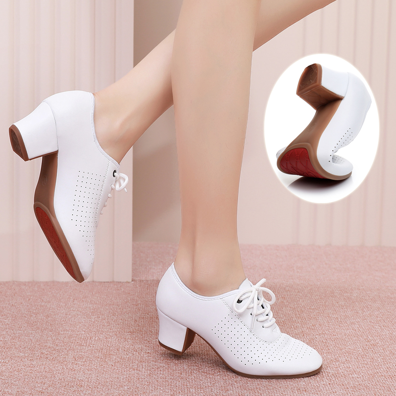 Top layer cowhide white Latin teacher shoes female adult outdoor beef tendon soft bottom friendship modern dance shoes T1-B