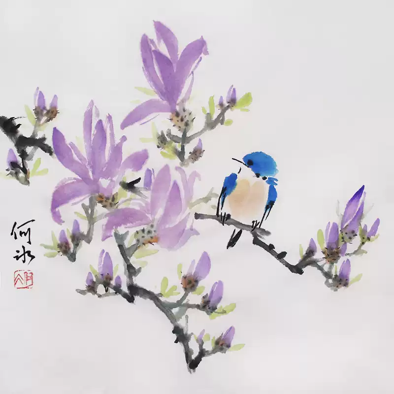 手绘花鸟小写意玉兰花水墨画斗方挂画新中式风格装饰
