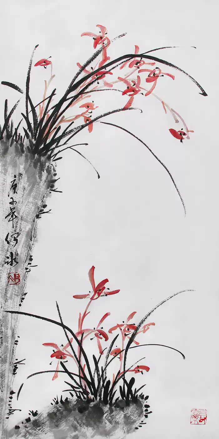 中国古美術・蘭竹之情三尺画芯・董卿印款・水墨画・純手描き・鑑賞用・宣紙・带水印 原创手绘国画兰花墨兰水墨画真迹书房办公室二尺竖幅挂画