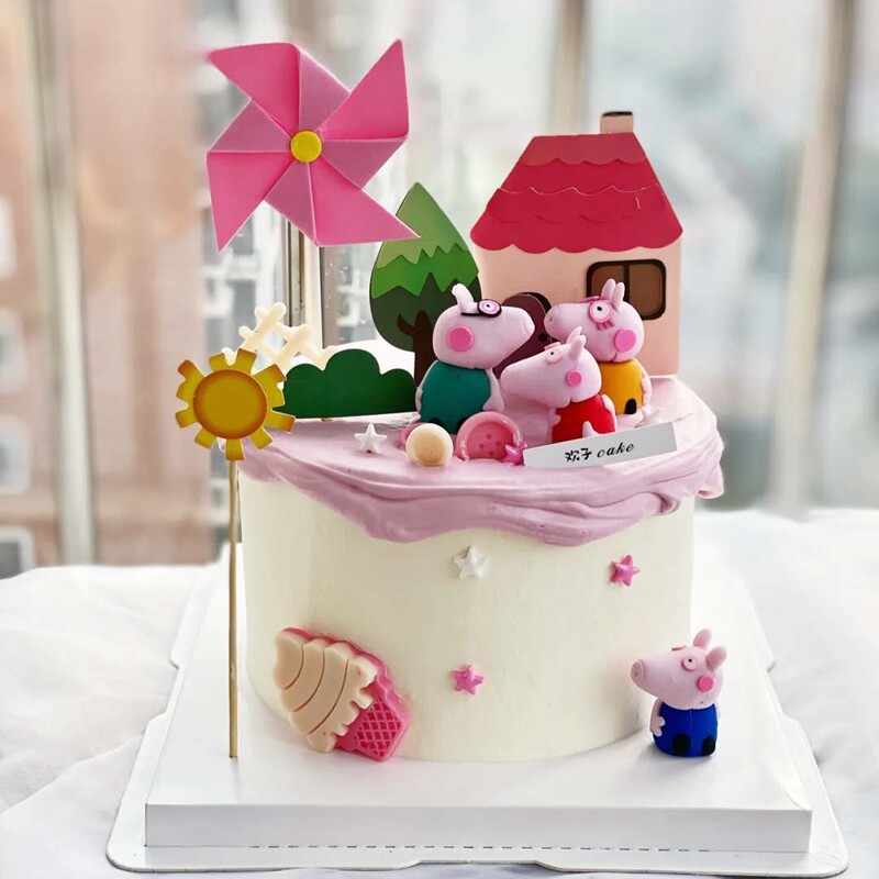 Small Pig Birthday Cake Decoration Fields Garden Lodge Inserts Windmills House Sun Plug-in Ice Cream Sweet molds