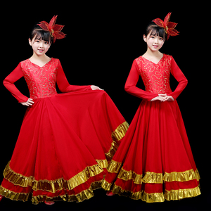 Red with gold flamenco dance dress for girls kids opening dance big swing skirt spanish bull Dance Costume stage performance chorus dress