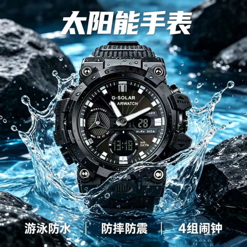 Outdoor Training Multi-Functional Waterproof Solar Watch Men's Large Dial Outdoor Sports Luminous Shockproof Electronic Watch