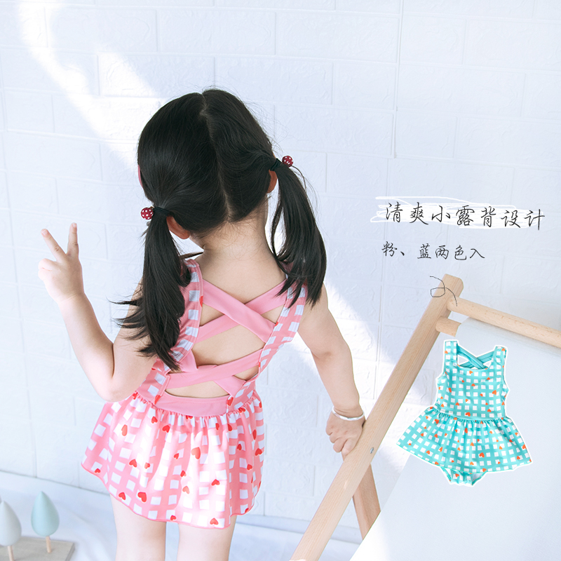 Children's swimsuit Girls princess skirt Plaid halter one-piece cute swimsuit 2021 primary school student foreign style swimsuit