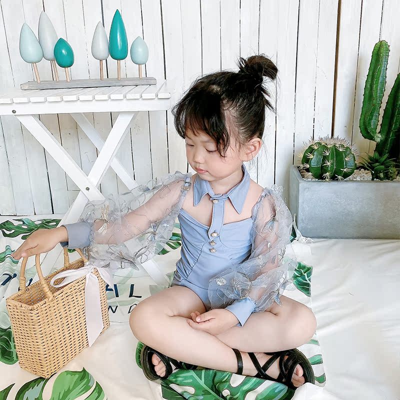 Qi Xiaoya children's parent-child swimsuit 2021 New Girl conjoined gauze sleeve mother and daughter child foreign style hot spring swimsuit