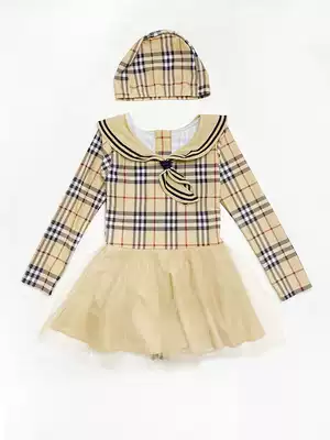 Children's swimsuit boys and girls with the same high-waisted two-piece new plaid long-sleeved boxers medium and large children's swimsuit with hat