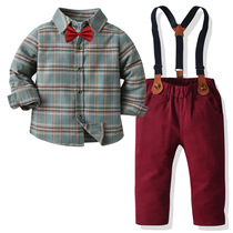 One year old dress male baby Autumn boy Plaid long sleeve shirt burgundy strap pants childrens birthday four-piece set