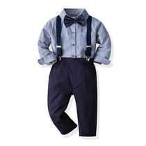 Boy Gentleman Set 2021 Spring and Autumn New Children Long Sleeve Striped Bow Tie Shirt Male Baby Strap Pants