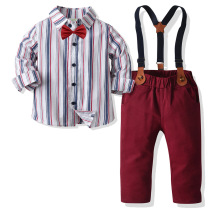 Boys birthday clothes 2021 new boy lined with striped shirt children little gentleman strap trousers set