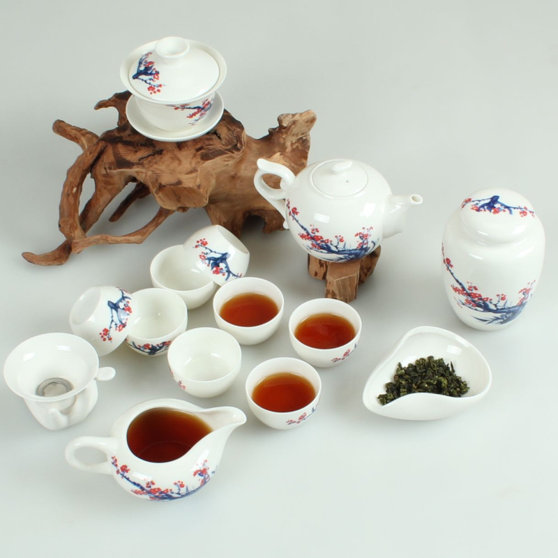 Authentic Plum Blossom Blue and White Porcelain Set, Ceramic Bone China Gaiwan, Teapot, Cup, Tea Strainer, Complete Tea Set for 7-9 People