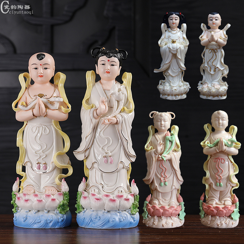 白瓷善财童子龙女金童玉女陶瓷观音菩萨像佛像家用居家供奉对童摆